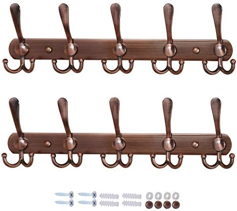 Dseap Wall Mounted Coat Rack - 5 Tri Hooks, Heavy Duty, Stainless Steel, Metal Coat Hook Rail for Coat Hat Towel Purse Robes Mudroom Bathroom Entryway (Antique Copper, 2 Packs) by Dseap