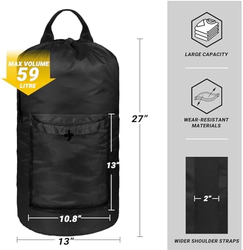 Laundry Bag with Shoulder Straps and Mesh Pocket Laundry Backpack Large Portable Laundry Hamper for College Travel, Laundromat, Apartment (Black) - Image 2