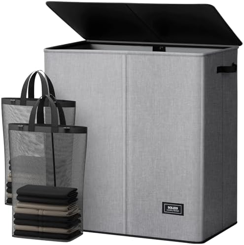 SOLEDI Large Double Laundry Hamper with Lid,165L Collapsible Clothes Hamper 2 section with Removable Bags, Space-Saving Laundry Basket for Bedroom, Dorm, College by SOLEDI