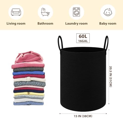 OIAHOMY 60L Nursery Hamper Laundry Basket Laundry Hamper Black - Image 2