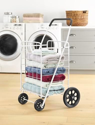 Whitmor Deluxe Utility Foldable Shopping Cart with Wheels, 100 Lb Capacity, Heavy Duty Grocery Cart with Steel Frame, Foam Handle, Rolling Folding Utility Trolley for Grocery, Laundry, Travel, White - Image 2