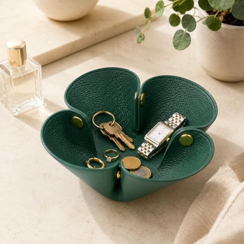 Grained Faux Leather Flower Shaped Valet Tray Large, Dark Green - Image 2