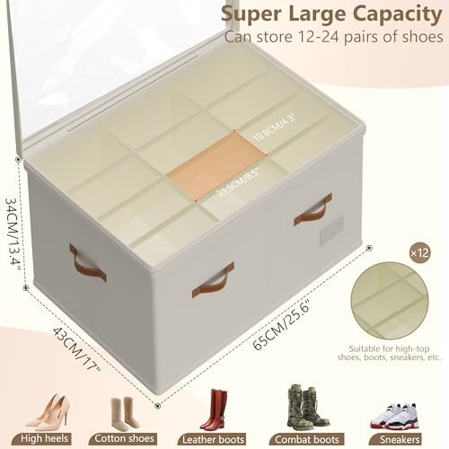 Vincona Shoe Organizer for Closet, 2 Pack Foldable Shoe Storage Bins with Clear Cover & Handles, 16-Compartment Shoe Box for Sneakers, Heels, Boots, Space-Saving Shoe Rack for Entryway, Dorm, RV - Image 2
