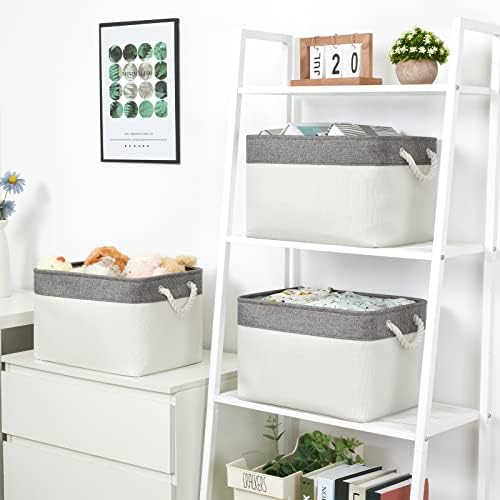Bidtakay White Baskets with Cotton Rope Handles Decorative Storage Bins [3-pack] Fabric Bins for Organization Linen Closet Shelf Storage Baskets for Clothes Toys Towels 15 X 11 X 9.5 Inches - Image 3