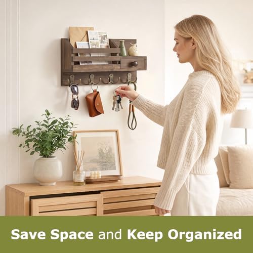 Key Holder Wall Mount, Wooden Key and Mail Organizer, Brown - Image 2