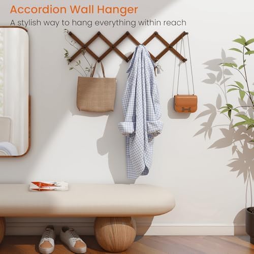 Homode Accordion Wall Hanger, Hat Rack for Wall, Wood Expandable Coat Rack, Vintage Accordian Peg Hooks Purse Organizer for Hanging Baseball Caps, Coffee Mug, Hats, Clothes, Backpack, Towel - Image 2