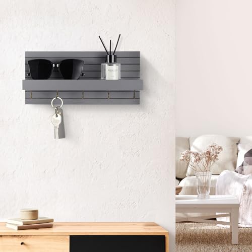 Lwenki Decorative Key Holder for Wall with Shelf, Entryway Shelf with Hooks Holds Leashes, Jackets and Glasses – Sturdy Wood Keyholder Entrance Hanger with Mounting Hardware (Gray, Medium) - Image 7