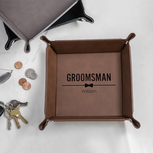 Lifetime Creations Personalized Groomsman Valet Tray - Custom Gifts for Groomsmen Proposal, Vegan Leather Catchall Wedding Gifts (Brown, Bow Tie Design) - Image 4