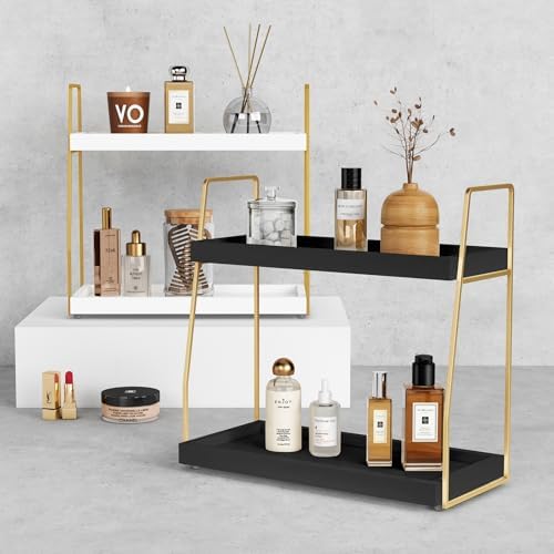 Forbena Black and Gold Bathroom Organizer Countertop, 2 Tier Counter Organizer for Bathroom Decor, Modern Sink Shelf Organizers for Vanity Storage, Make upTray for Makeup Bedroom - Image 6