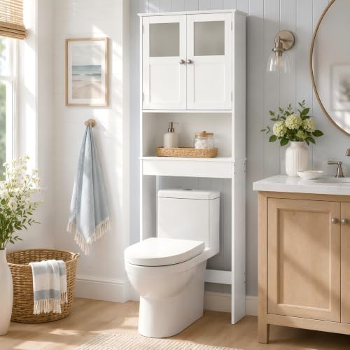Bonnlo Over the Toilet Storage Cabinet with Adjustable Shelf White Bathroom Floor Organizer Space Saver with Double Doors, 67" Height - Image 7