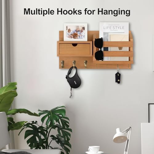 Lwenki Wall Mount Key Holder with Mail Organizer, 100% Paulownia Wood, 7 Metal Hooks, Storage Drawer, Entryway Home Decor - Image 6