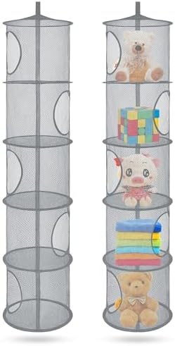2Pcs Hanging Mesh Space Saver Bags Organizer, Foldable Storage Organizer 5 Compartments Toy Storage Organizer for Kid Room Toys, Gloves,Hats,Socks Storage #Grey - Image 6
