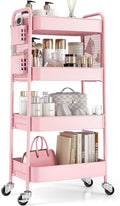 TOOLF 4 Tier Rolling Cart, Metal Utility Storage Cart with Pegboard, Pink | 2 Bins & 4 Hooks, Screwless Assembly, Lockable Wheels, Trolley Organizer for Bathroom, Kitchen, Office, Dorm, Craft Room by TOOLF