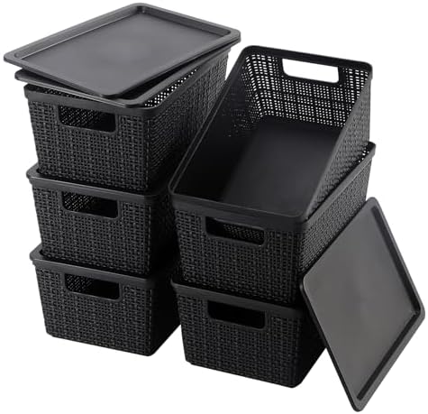 6 Pack Plastic Storage Baskets with Lid,Black Stackable Bins by WRRLORS