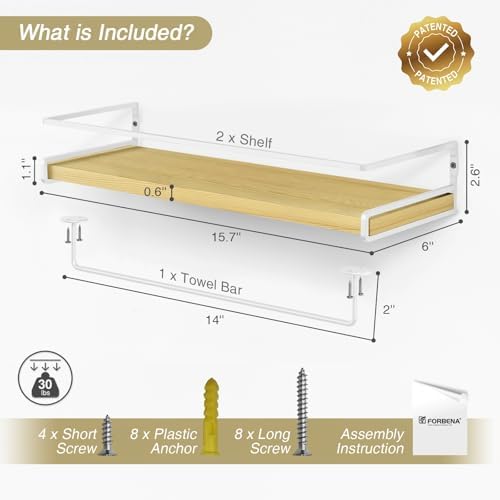 Forbena Natural Wood Bathroom Floating Shelves for Wall Set of 2, Light Wood Wall Shelves with Rail for Bathroom Nursery Office (Natural Wood and White) - Image 3