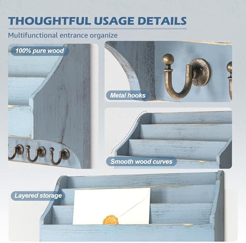 Rebee Vision Mail Organizer Wall Mounted with 6 Key Hooks for Home, Blue - Image 5