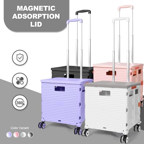 Foldable Utility Cart Folding Portable Rolling Crate with Magnetic Extended Lid,360°Rotate Wheels,176LBS Load Capacity,Heavy Duty Durable Dolly Cart for Teacher Tourist Shopping Office Outdoor(White) - Image 6