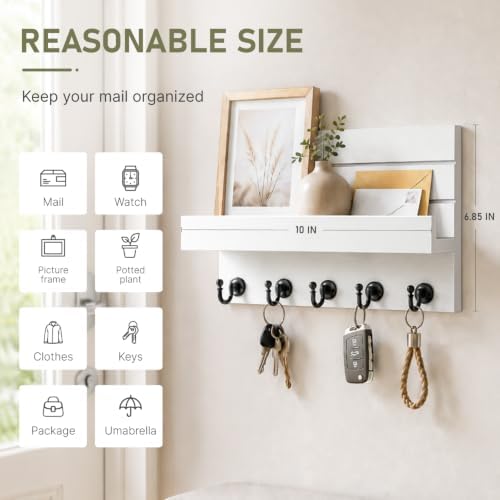 HONJIN Key Holder Wall Mount with Shelf and 5 Sturdy Key Hooks (White) - Image 2