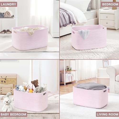 60L Woven Laundry Basket Hamper with Handles, Pink - Image 3