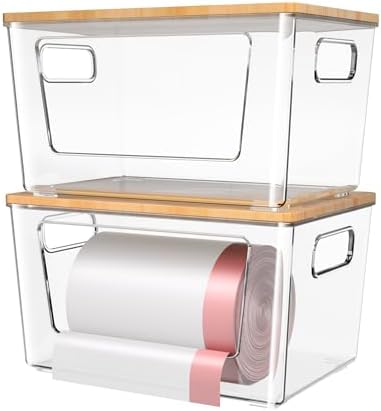 spospo 2 Pack Trash Bag Holder with Bamboo Lid Stackable Trashbag Dispenser by SPOSPO