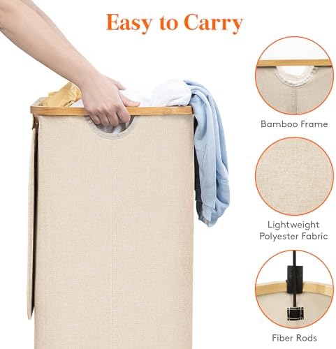 Lifewit 105L Laundry Basket with Lid, Clothes Hampers for Laundry with Bamboo Handles and 1 Removable Bag, Large Foldable Laundry Hamper for Bedroom, Bathroom, Dorm, Laundry Room, Beige - Image 5