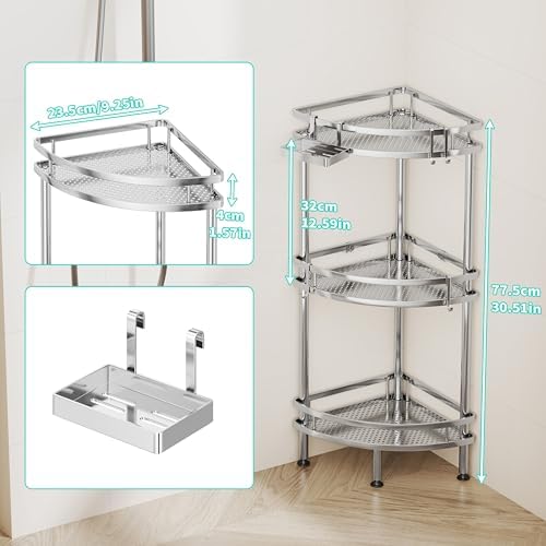 HapiRm Standing Corner Shower Caddy - 3 Tier Shower Organizer Corner with Soap Holder and 4 Hooks, Rustproof Bathroom Storage Shelves with Adhesives, Silver - Image 5