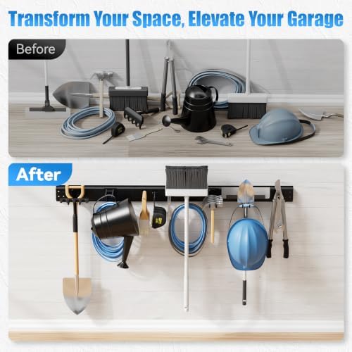 66" Garage Tool Organizer Wall-Mounted, Heavy Duty Garage Wall Organizer with 13 Adjustable Hooks, Garden Tool Storage Rack, Holds Up to 500 lbs - Image 7
