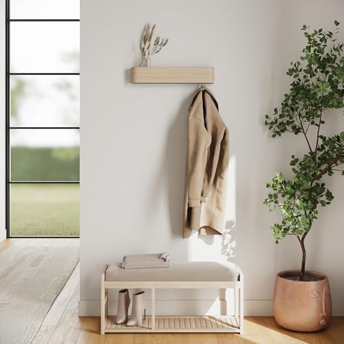 Kazai. Wall-Mounted Coat Rack 'Toke' - Modern Design Coat Rack with Hidden Wall Hooks - Solid Wood Veneer Panel Coat Hanger - Oak, White - Image 6