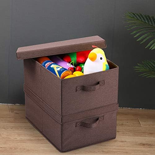 HOONEX Linen Foldable Storage Bins with Lids, 2 Pack, Storage Boxes with Carrying Handles and Sturdy Heavy Cardboard, 16.5" L x 11.8" W x 7.5" H for Shoes, Clothes, Brown - Image 2