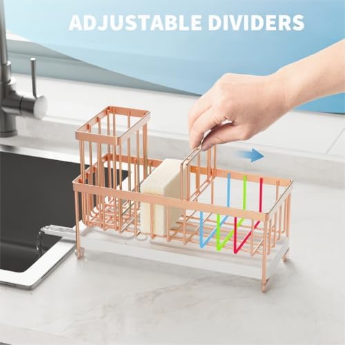 Cisily Sponge Holder for Kitchen Sink, Sink Caddy Organizer with High Brush Holder, Kitchen Countertop Organizers and Storage Essentials, Rustproof 304 Stainless Steel (Rose Gold, 9.25″) - Image 3