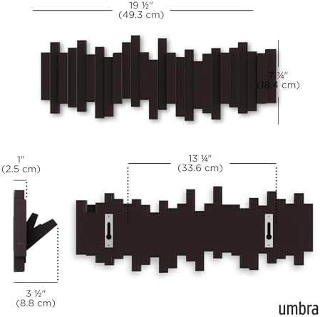 Umbra Sticks Wall Mount Coat Rack, 5 Hook Retractable Pegs, Espresso - Image 3