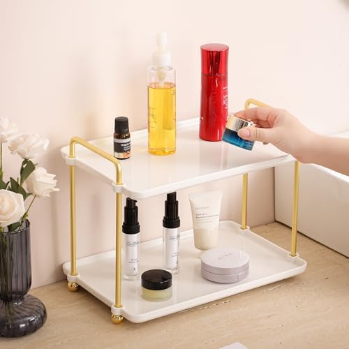 2-Tier Vanity Organizer Trays with Handles and Wheels, Cosmetic Storage Display (Ceramic White) - Image 6