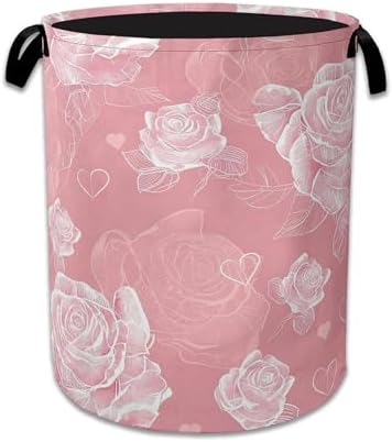 Pink Roses Large Storage Basket Collapsible Laundry Basket Oxford Storage Bin for Gift Baskets Bedroom Clothes Hamper 16" X 20.8" by NSMNSM
