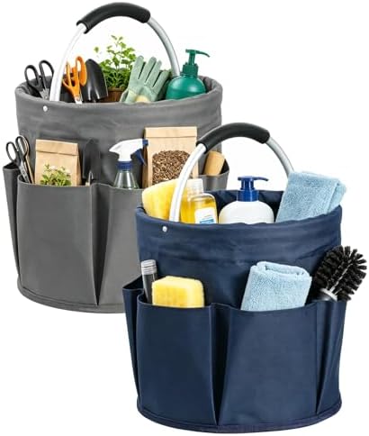 17L Cleaning Caddy for Cleaning Supplies, 2Pieces Portable Garden Tool Bag with 6 Pockets, Foldable Tool Bucket Organizer, Storage Basket for Bathroom, Garden, Dark Gray + Navy Blue by IHOMAGIC
