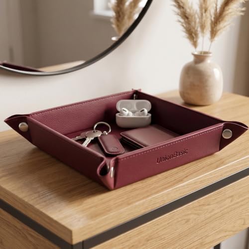 UnionBasic Small Jewelry Tray for Rings Watches Earrings, Entryway Catchall Caddy for Coins Keys Change, Nightstand Bedside Valet Holder, Trays for Electronic Gadgets, Lychee Burgundy - Image 4