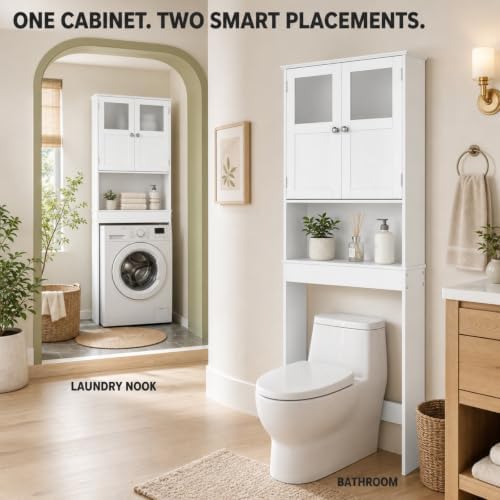 Bonnlo Over the Toilet Storage Cabinet with Adjustable Shelf White Bathroom Floor Organizer Space Saver with Double Doors, 67" Height - Image 3