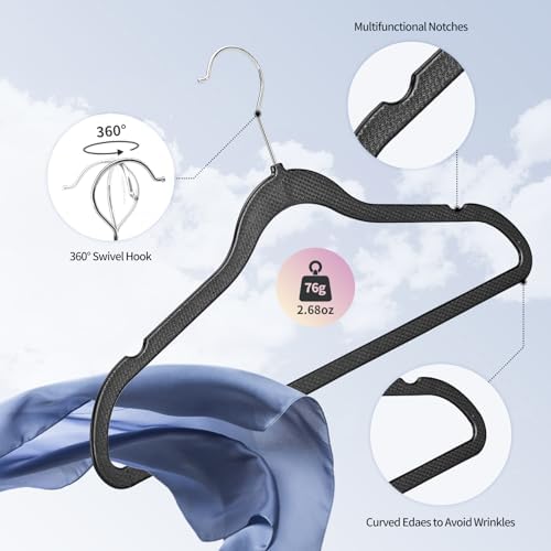 Plastic Coat Hangers 50-Pack,Non-Slip, Space Saving Closet Hangers for Dorm & Apartment - 360° Rotating, Heavy Duty, Durable (Black) | Plastic construction, Non-slip grip, 360° swivel hooks, Slim space-saving profile for suits and coats - Image 5