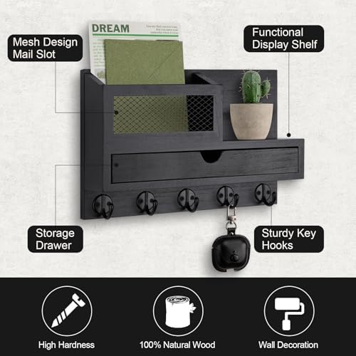 Key Holder for Wall with 5 Key Hooks and Storage Drawer - Image 2
