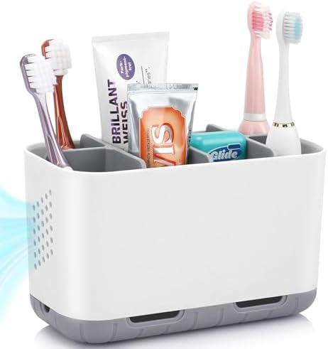 Boperzi Toothbrush and Toothpaste Holder Drainage for Bathroom Countertop with Adjustable Dividers, Large Toothpaste Caddy Organizer Storage Rustic Decor Set Anti-Slip for Shower,Family,Kids Gray by Boperzi