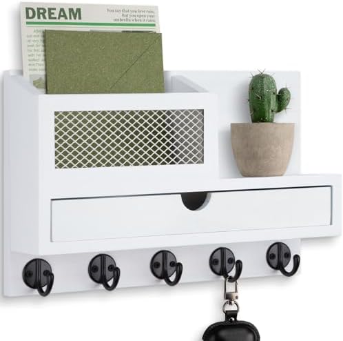 Key Holder for Wall with 5 Key Hooks and Storage Drawer by Lucundm