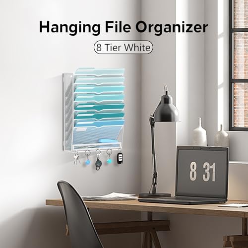 8-Tier Wall File Organizer and Mail Organizer with 5 Hooks, White - Image 5