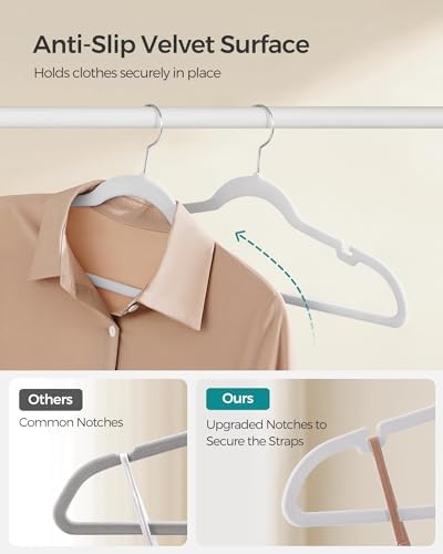 SONGMICS Velvet Hangers 60 Pack, Non-Slip Clothes Hangers, Space-Saving | Suit Hangers with Shoulder Notches, Pants Bar, 360° Swivel Hook, for Closet, Cloud White, BREANNA Collection UCRF030W01 - Image 3