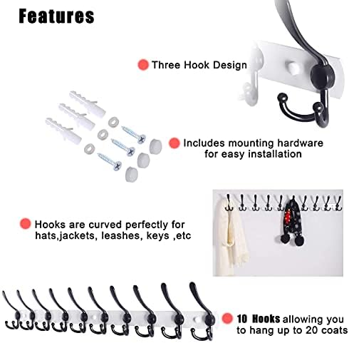 Dseap Coat Rack Wall Mount - 38” Long 10-Tri-Hooks Heavy Duty Coat Hanger Rail Wall Hooks for Hanging Coats Hats Clothing Clothes Purse Mudroom Entryway, White/Black - Image 6