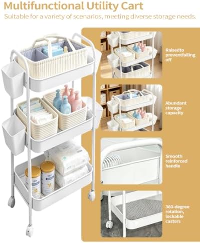 3 Tier Rolling Cart Organizer with Wheels, Metal Utility Storage Cart for Nursery, Bathroom, Kitchen, Craft Room & Laundry Room, Includes Hanging Baskets and Rope Storage Bin, White - Image 3