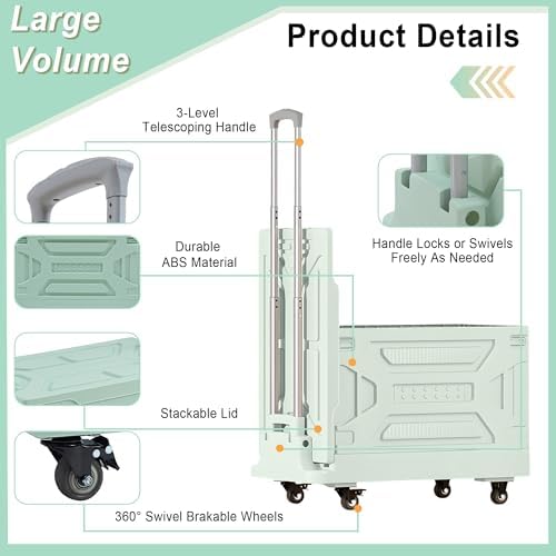 VECELO Foldable Shopping Cart with Wheels, Collapsible Rolling Crate for Groceries, Folding Storage Box with Handle, Three Modes of Use, Ideal for Teacher, Trip, Outdoors, Etc., 16GAL, Green - Image 5