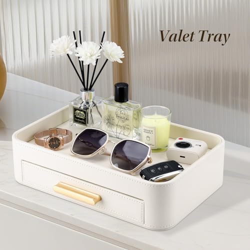 GORESE PU Leather Valet Tray with Drawer, Nightstand Organizer Catch All Tray for Jewelry Perfume Purse Trinket Key Holder, EDC Trays for Desk Vanity Entryway Table, Gift for Women Men, Cream White - Image 2