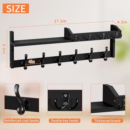 Coat Rack Wall Mount with Shelf, 27.5" Entryway Wall Hanging Shelf, Coat and Key Hanger with 10 Dual Hooks, Mail Organizer and Key Holder Hat Rack for Wall, Wood Coat Hooks with Storage - Image 2
