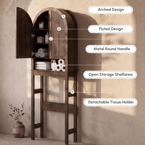HMstone Over The Toilet Storage Cabinet, Arched Bathroom Organizer and Storage with Doors and Adjustable Shelf, Space-Saving Freestanding Bathroom Modern Storage Cabinet Over Toilet (Walnut) - Image 5