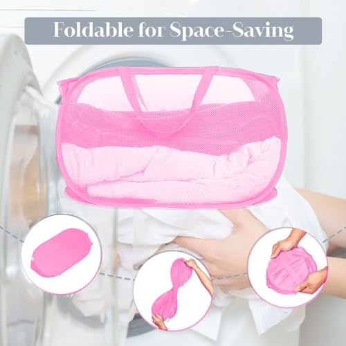 4 Pcs Durable Collapsible Laundry Baskets, Foldable Large Opening Pop Up Laundry Hamper with Pocket, Clothes Hamper with Handles for Laundry, Bathroom, Kids Room, Dorm or Travel Pink - Image 3