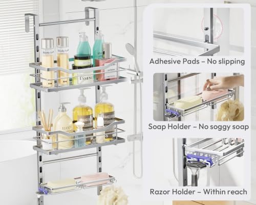 SWTYMIKI Over the Door Shower Caddy - 3 Tier Adjustable Shower Organizer Hanging with Soap Holder, No Drilling Stainless Steel Bathroom Rack Hanging for Body Wash, Shampoo, Soap, Razor, Silver - Image 6